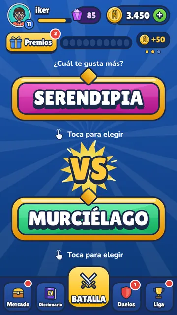 Pantalla de la Batalla con dos palabras enfrentadas, SERENDIPIA y MURCIÉLAGO