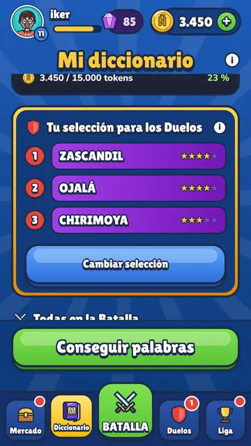 Pantalla del Diccionario con las palabras del jugador