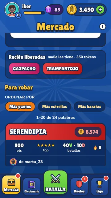 Mercado: buscador y tarjetas de palabras con su precio para robarlas