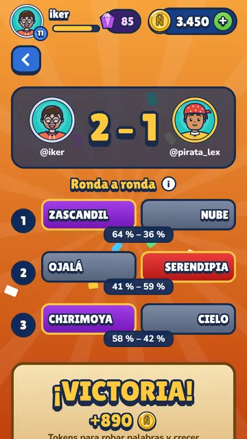 Resultado de un duelo ganado 2 a 1, con los porcentajes de cada ronda